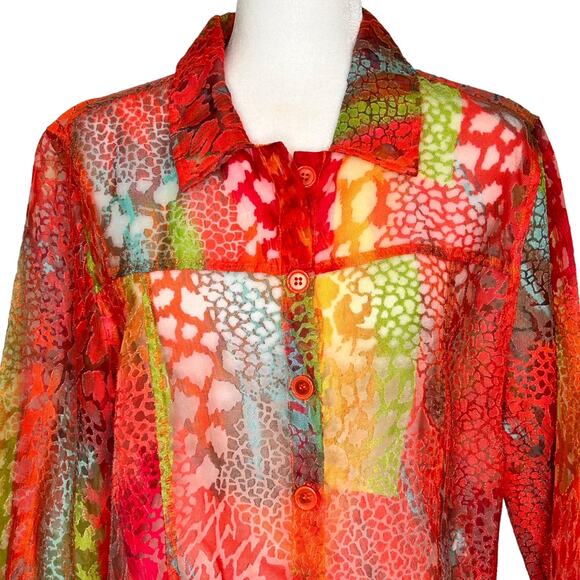 Toni Morgan Bright Giraffe Print Sheer Burn Out 3/4 Sleeve Button Up Blouse LGE - Picture 2 of 10